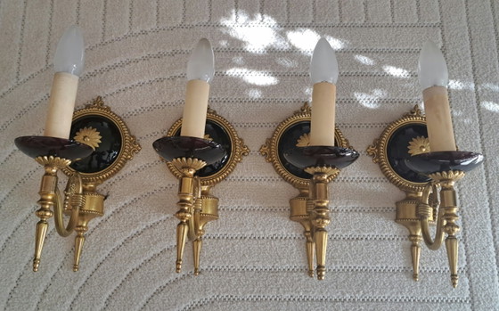 Set van 4 vintage wandlampen – aubergine glas & goud | Hollywood Regency – Metal, Brass (photo 8 of 13)
