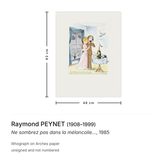 Raymond Peynet Lithograph Ne Sombrez Pas Dans La Mélancolie... 1985 – Lithographies et sérigraphies, Paper (photo 3 of 5)