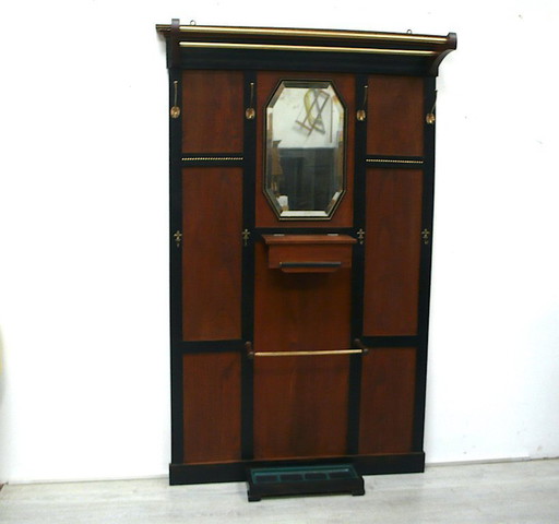 Large Art Nouveau wardrobe circa 1910, solid elm wood + black, hat shelf, mirror, umbrella stand, lid compartment