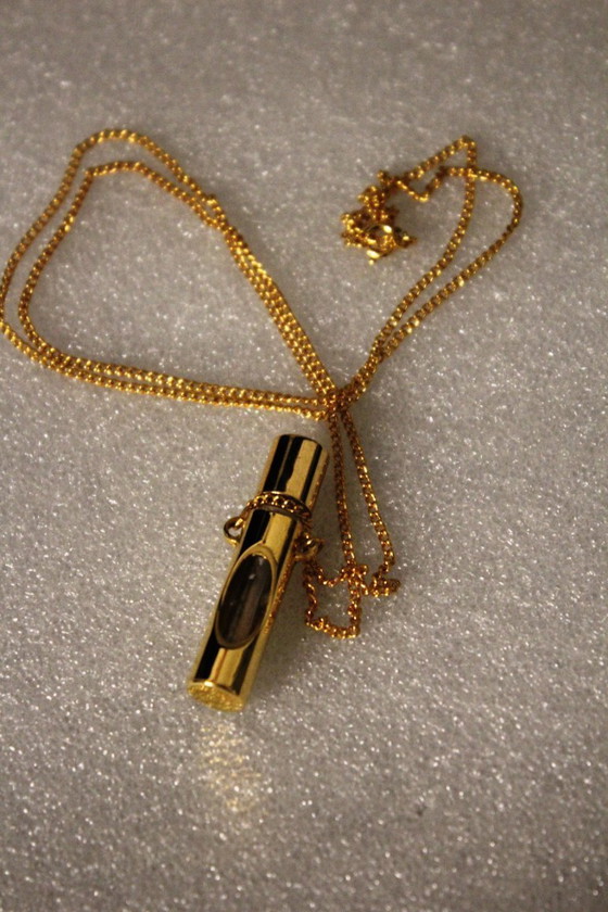 Image 1 of Jovan parfumhanger met ketting, goudkleurig, met glazen flesje, vintage, zeldzaam