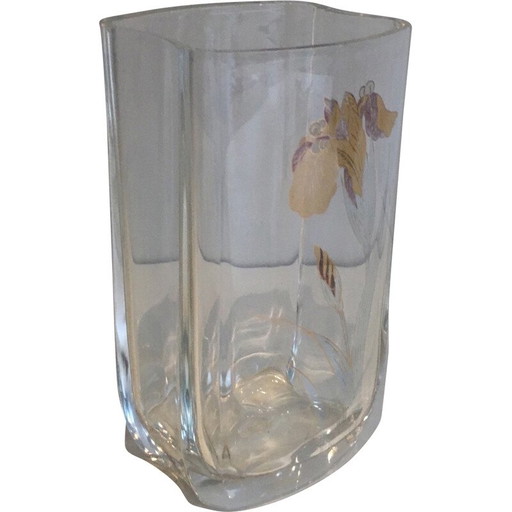Vase en verre vintage avec décorations florales, 1970