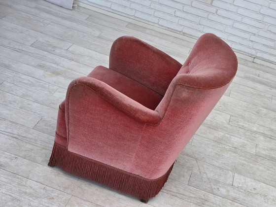 Image 1 of 1970s, Danish armchair, salmon pink furniture velour, oak wood.
