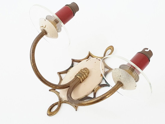 Image 1 of PRACHTIGE DUBBELE METALEN WANDLAMP, MESSING & GLAS, VINTAGE UIT DE JAREN 1940-1950