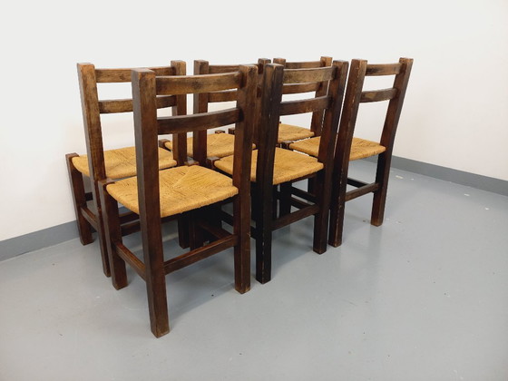 Image 1 of Set of 6 vintage brutalist chairs in solid oak and straw from the 60s