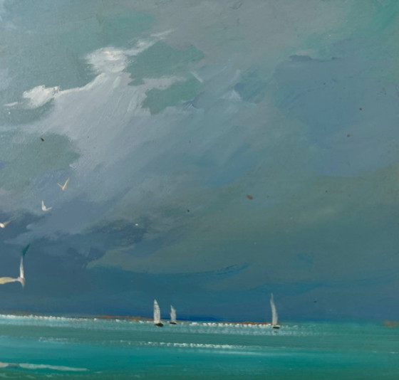 Image 1 of Peinture à l'huile originale représentant un paysage côtier avec des mouettes survolant la mer.