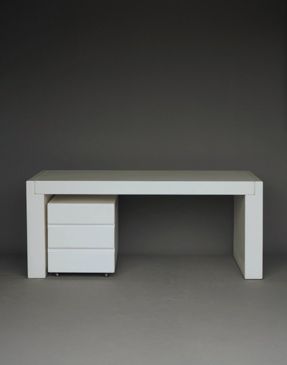 Vintage Bureau met Rolcontainer, jaren 70, Hout, Wit, Minimalisme (foto 13 van 14)