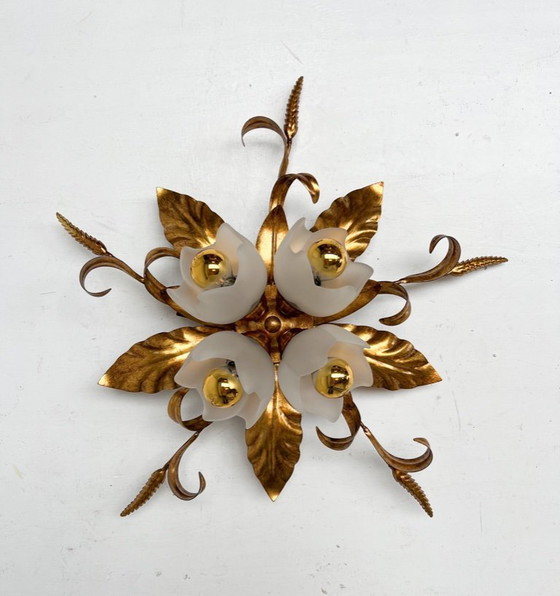 Image 1 of Vergulde XL plafondlamp of wandlamp uit Italië, 1970's