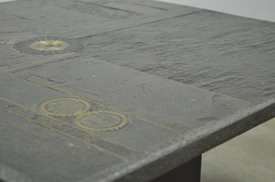Image 1 of Table d'appoint vintage en pierre naturelle avec incrustation de BRONZE, Pays-Bas 1970