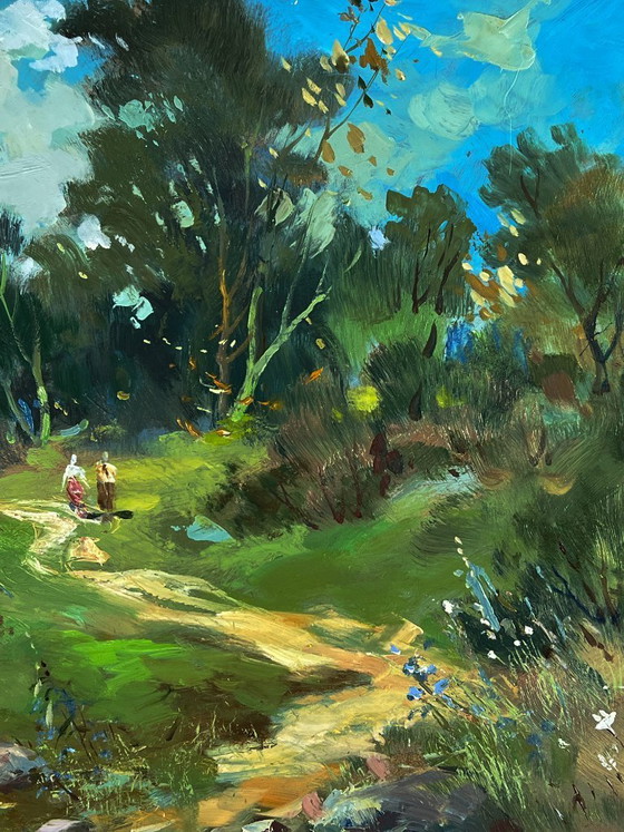 Image 1 of Pintura al óleo original: Paisaje rural, vida en un pueblo, día de verano en el bosque.
