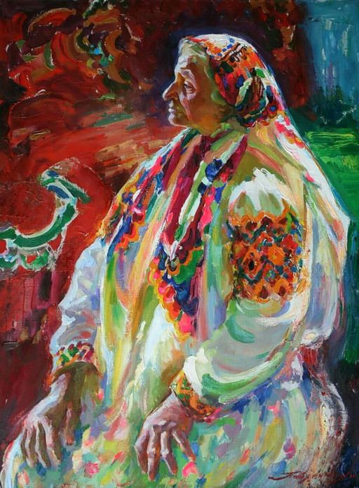 Origineel olieverfschilderij: Portret van een oude vrouw in traditionele feestkleding. – schilderijen tekeningen, Canvas