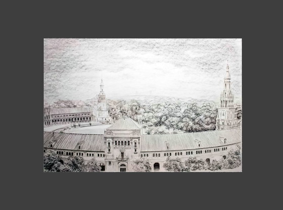 Image 1 of Picture of Plaza de España in Seville. Drawing of Plaza de España in Seville. Seville drawing. Seville painting.