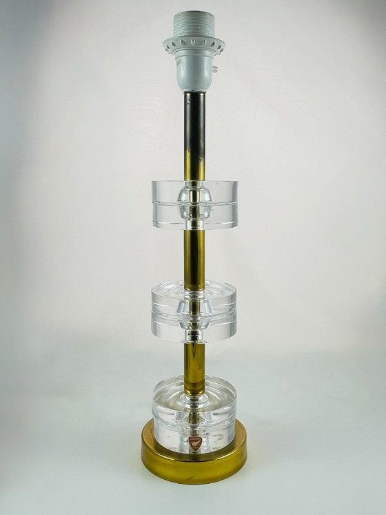 Image 1 of Carl Fagerlund for Orrefors – 6-Ring Crystal & Brass Table Lamp – Swedish Mid-Century Lighting