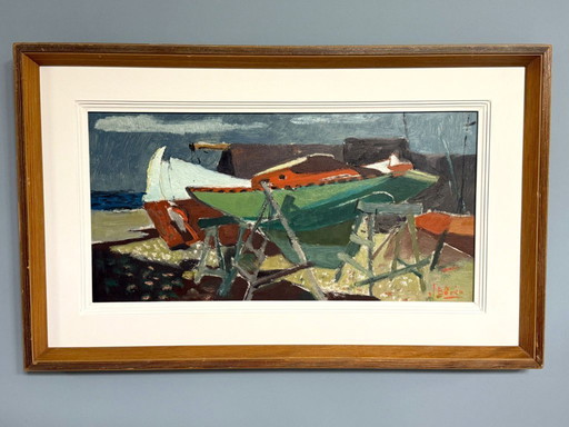 Scène portuaire moderniste du milieu du siècle « Bateau débarqué », huile sur toile de John Börén (1903-1983)