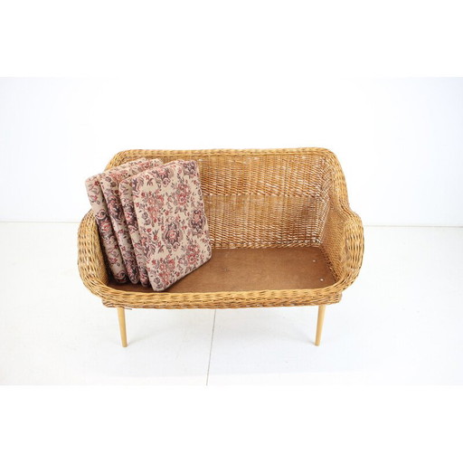 Vintage two-seater rattan sofa by Uluv, Czechoslovakia 1970s