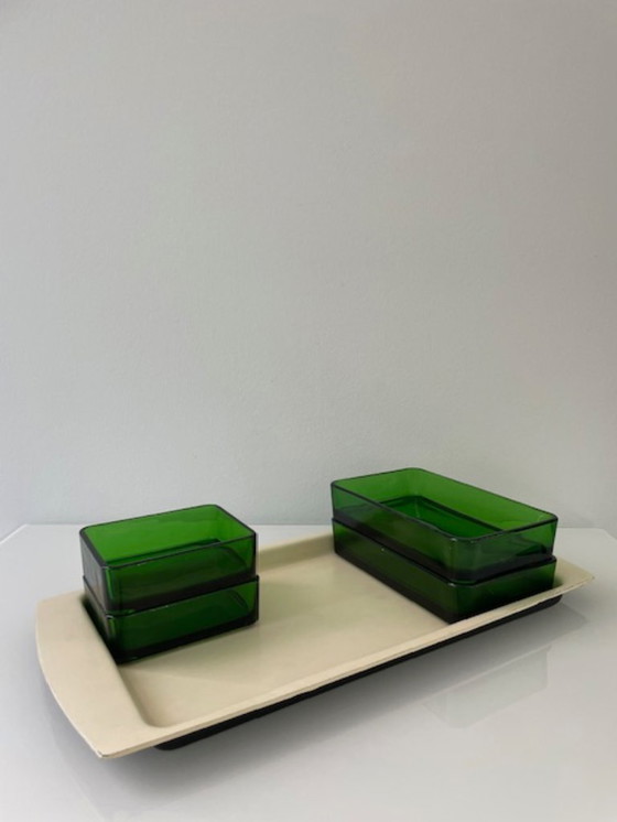 Image 1 of Vintage serving bowl with bright green glass trays - 1960s retro design