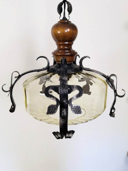 Vintage Wrought Iron Rustic Chandelier / Vintage Pendant Light / Yellow Glass and Forged Metal / EMI Poljcane / Yugoslavia 1970