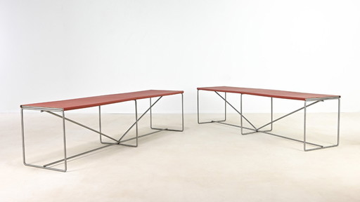 Pair of minimalist Benches, Leather and Steel. C.1980