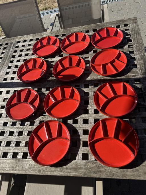 11 platos de cerámica roja vintage Jasba para fondue/gourmet – servies, Ceramic