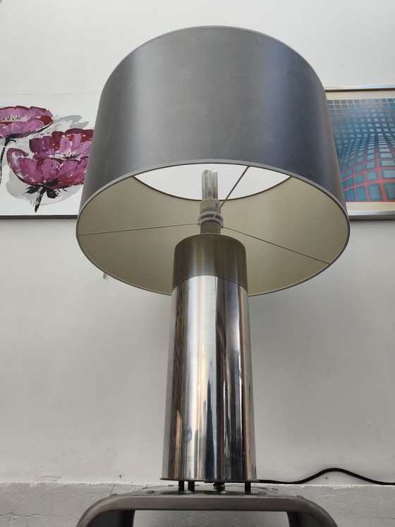Importante lampada di design cilindrica cromata Italia anni '70, Lampade da tavolo, Metallo, Argentato (foto 4 di 12)