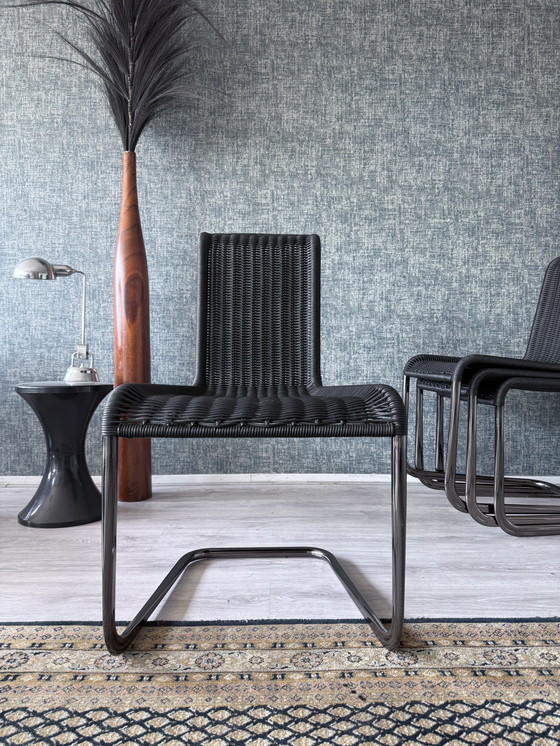 Image 1 of Set van 4 Tecta D20 sledestoelen - zwart wicker & parelchroom