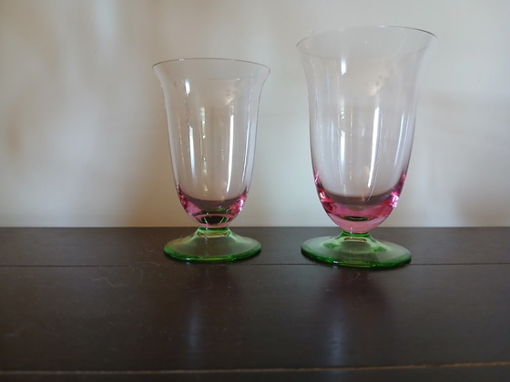 Image 1 of Ensemble de 12 verres Nason Moretti Murano, millésime 1990 - Pêche et vert optique