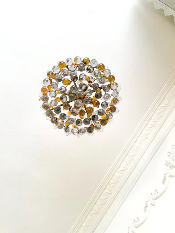 Image 1 of 1960s Murano Glass Chandelier, Orange & Clear Glass Leaves, Solid Brass Spanish Vintage Ceiling Light