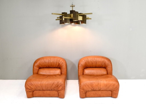 Zwei Lounge-Sessel von Rossi di Albizzate aus cognacfarbenem Leder, Italien – 1970er Jahre – fauteuils, Leather