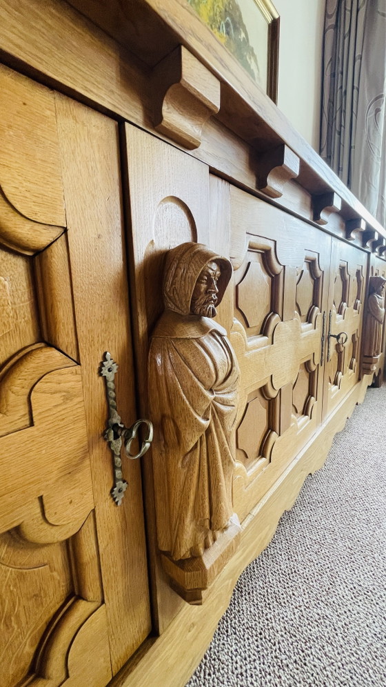 Brutalist Set, Solid Oak Sideboard, Cabinet, Dining Table, 6 Chairs, Hand Carved Priest Mission Style (photo 6 of 15)
