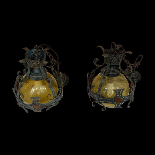 Brutalist Dutch Hammered Iron Lamps