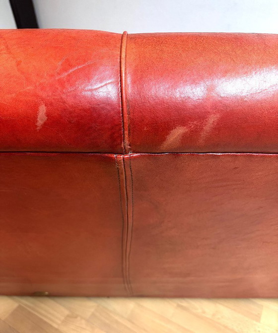 Image 1 of Brocantique Jacques Adnet Art Deco Set: Leren bank, fauteuil en poef