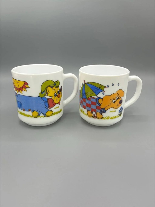 Paar Arcopal-Becher – Haribo-Maskottchen-Hund-Design – Opalglas – 80er Jahre – servies, Retro