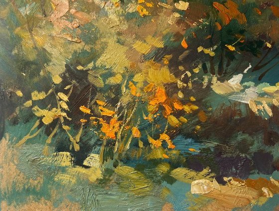 Image 1 of Peinture à l'huile originale, paysage forestier d'automne, promenade en forêt d'automne