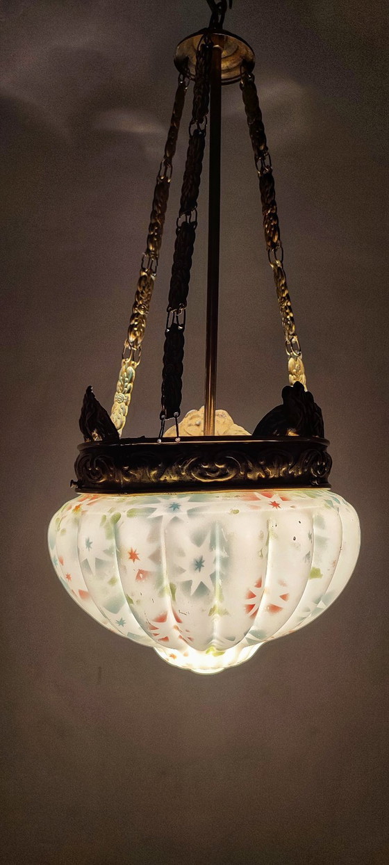 Image 1 of Art Nouveau plafondlamp van messing en glas. Spanje, jaren 1930.