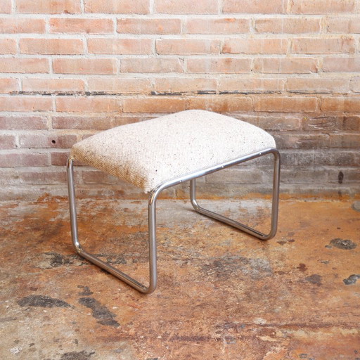 ottoman vintage Mid Century tissu chromé blanc