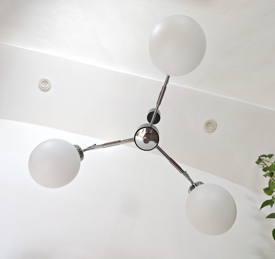 Image 1 of Vintage Chandelier With Opal Glass Globes / Mid Century Modern 3-Arm Pendant Light / Chrome Retro Ceiling Lamp 1960s