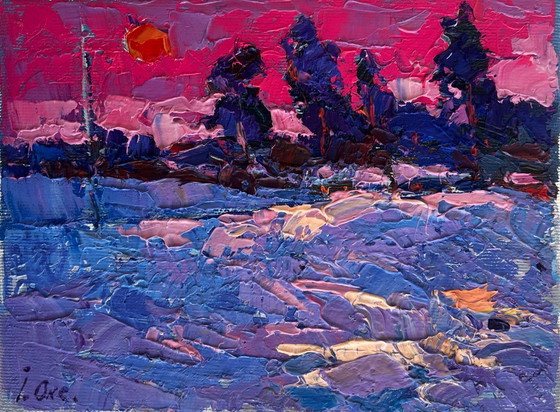 Image 1 of Original Oil Painting Evening Field Landscape Frosty winter evening