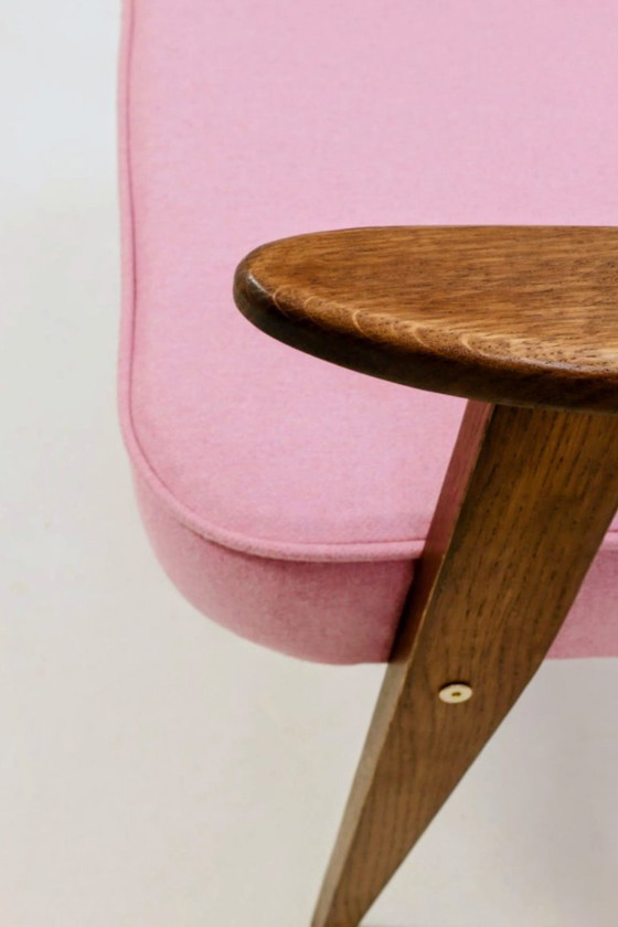 Image 1 of Roze fauteuil, vintage pastelkleurige wollen stof, eikenhout