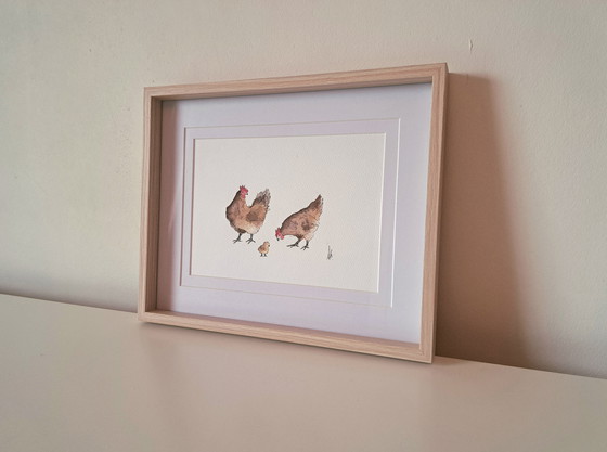 Image 1 of Watercolor painting chickens with chicks original | With frame