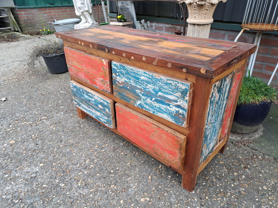 Image 1 of Kleurrijk TV Meubel, tavolino, console Gemaakt Van Sloophout Afm. 100 x 40 cm e 60 cm Hoog