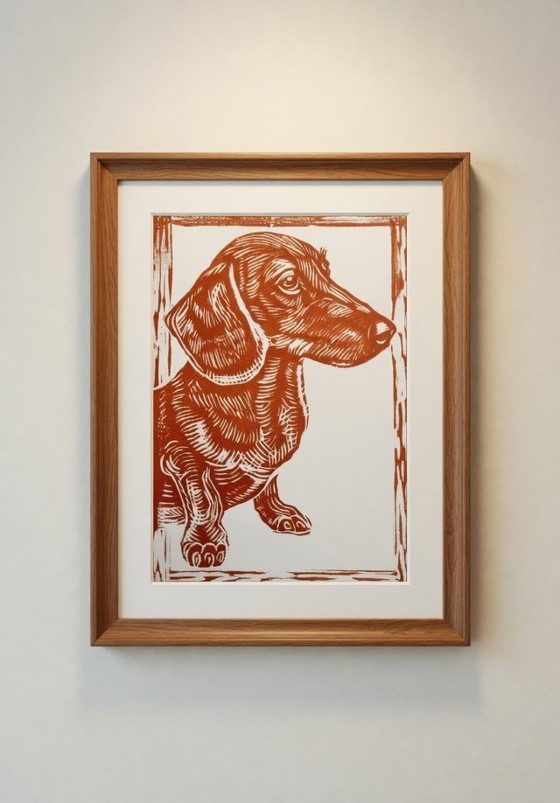 Image 1 of Estampe linogravure artisanale Teckel A4 – Décoration murale linogravure chien