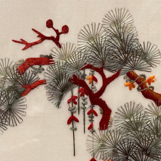 Image 1 of Antique Asian Embroidery Painting of a Black Grouse and Bird