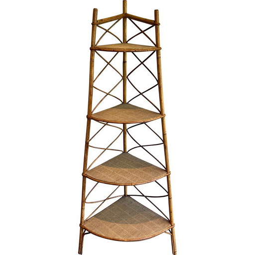 Etagère d'angle en rotin vintage par Adrien Audoux et Frida Minet, France 1950