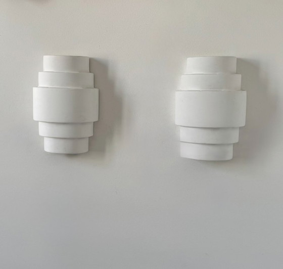 Image 1 of Paar antike Gipswandleuchten, mattweiß, Frankreich 1980