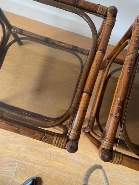 Image 1 of Tavolini laterali vintage in rattan (2) vetro fumé