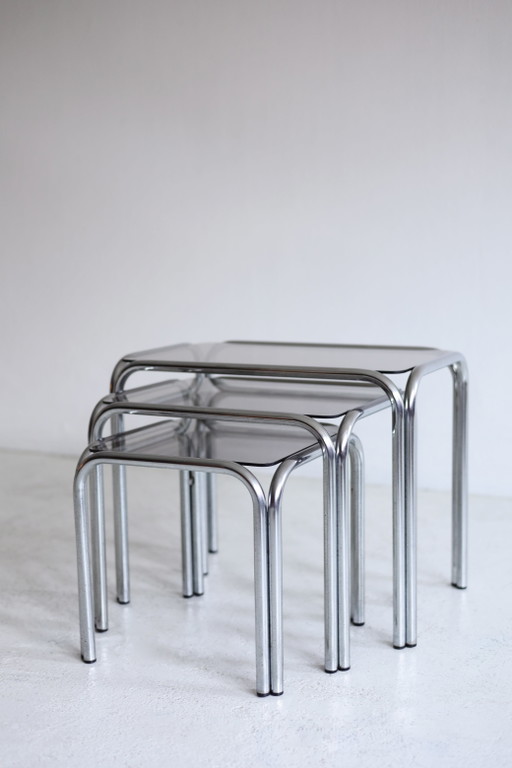 Set of Three Vintage Nesting Side tables Chrome/Smoked Glass
