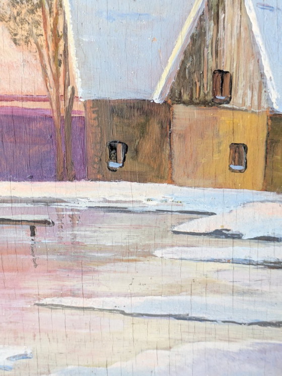 Image 1 of Pittura a olio d'epoca su tavola | Paesaggio invernale Scena di campagna | Incorniciato