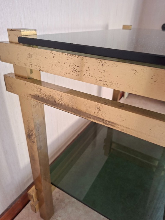 Image 1 of Vintage brass side table with 2 smoked glass shelves