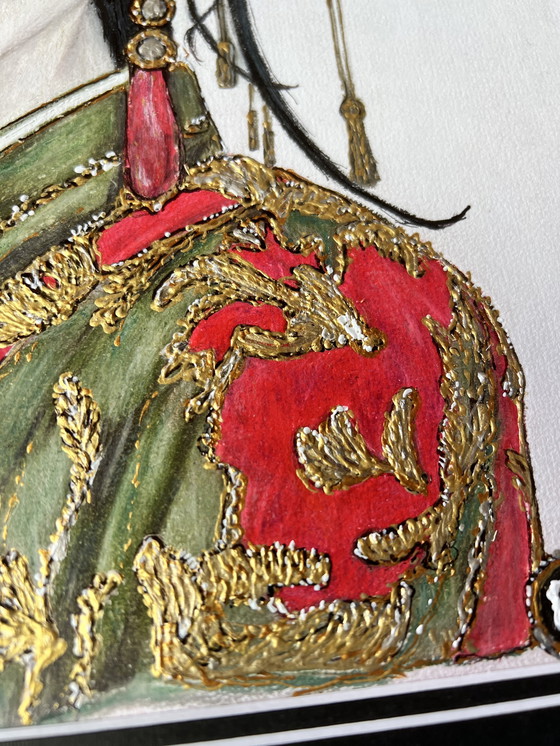 Image 1 of Peinture de geisha crayon/acrylique cadre baroque ancien