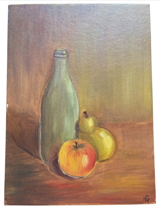 Antique still life painting, oil on cardboard and canvas