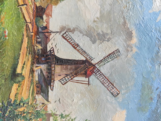 Image 1 of Olieverfschilderij "Windmolen in landschap" gesigneerd A. Schiele 1952, 27,5 x 27,5 cm Kunst